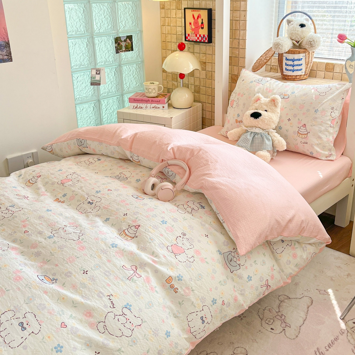 91家纺网 家纺一手货源 找家纺 川悦生活 【提供买家秀】2026新款云感双层纱木棉学生床笠套件 嘟嘟花园