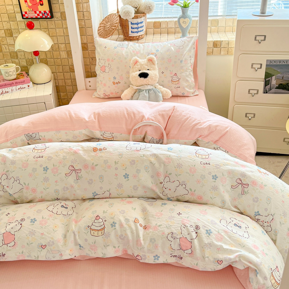 91家纺网 家纺一手货源 找家纺 川悦生活 【提供买家秀】2026新款云感双层纱木棉学生床笠套件 嘟嘟花园