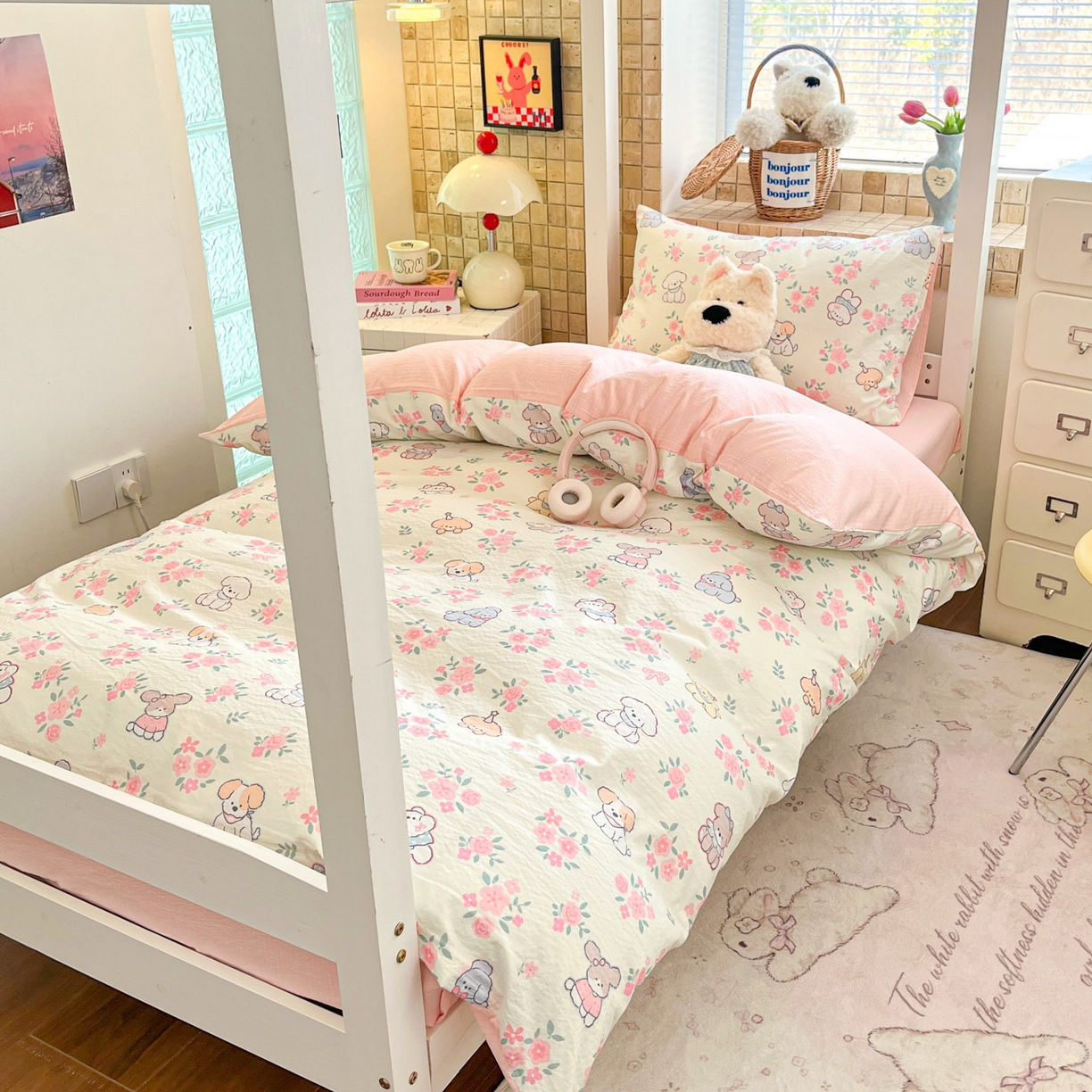 91家纺网 家纺一手货源 找家纺 川悦生活 【提供买家秀】2026新款云感双层纱木棉学生床笠套件 花都小狗