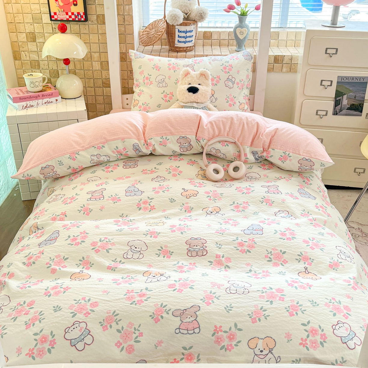 91家纺网 家纺一手货源 找家纺 川悦生活 【提供买家秀】2026新款云感双层纱木棉学生床笠套件 花都小狗