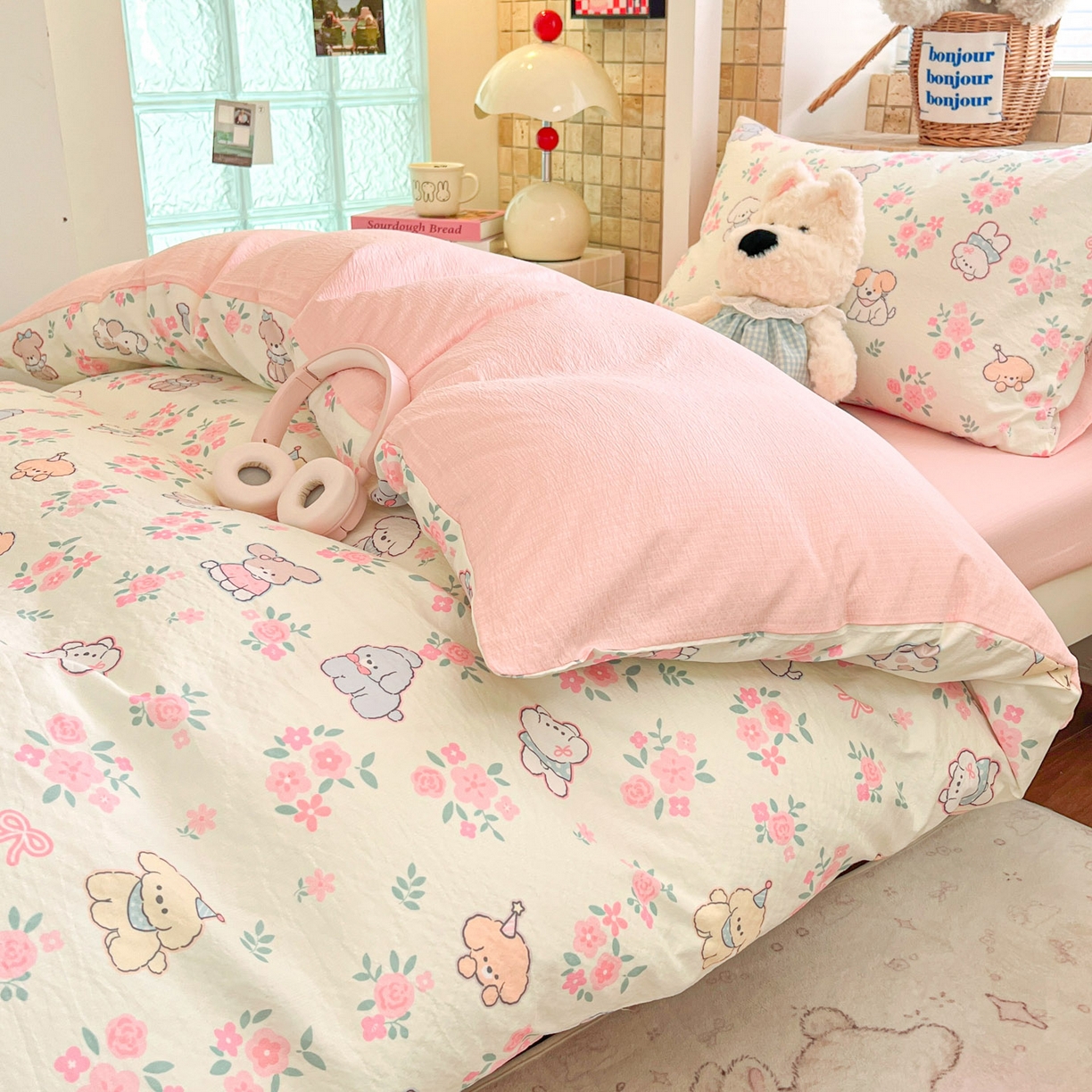 91家纺网 家纺一手货源 找家纺 川悦生活 【提供买家秀】2026新款云感双层纱木棉学生床笠套件 花都小狗