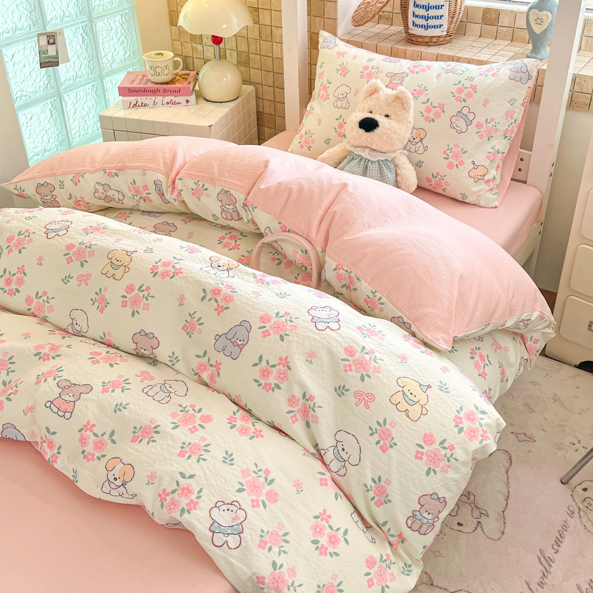 91家纺网 家纺一手货源 找家纺 川悦生活 【提供买家秀】2026新款云感双层纱木棉学生床笠套件 花都小狗