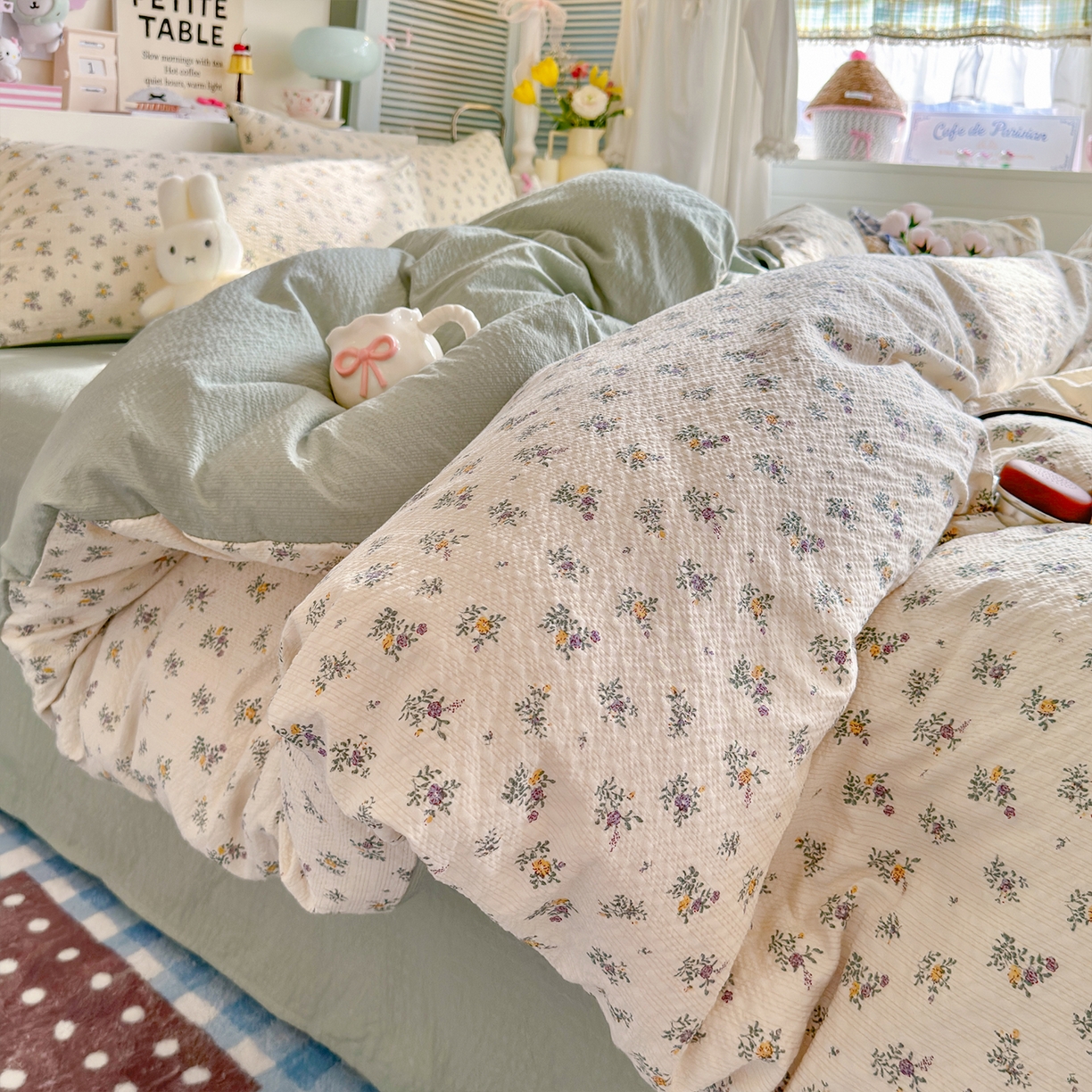 铺尚美家纺 2026新款小清新110g高品质直播热卖款A类泡芙棉双层纱四件套 七里香