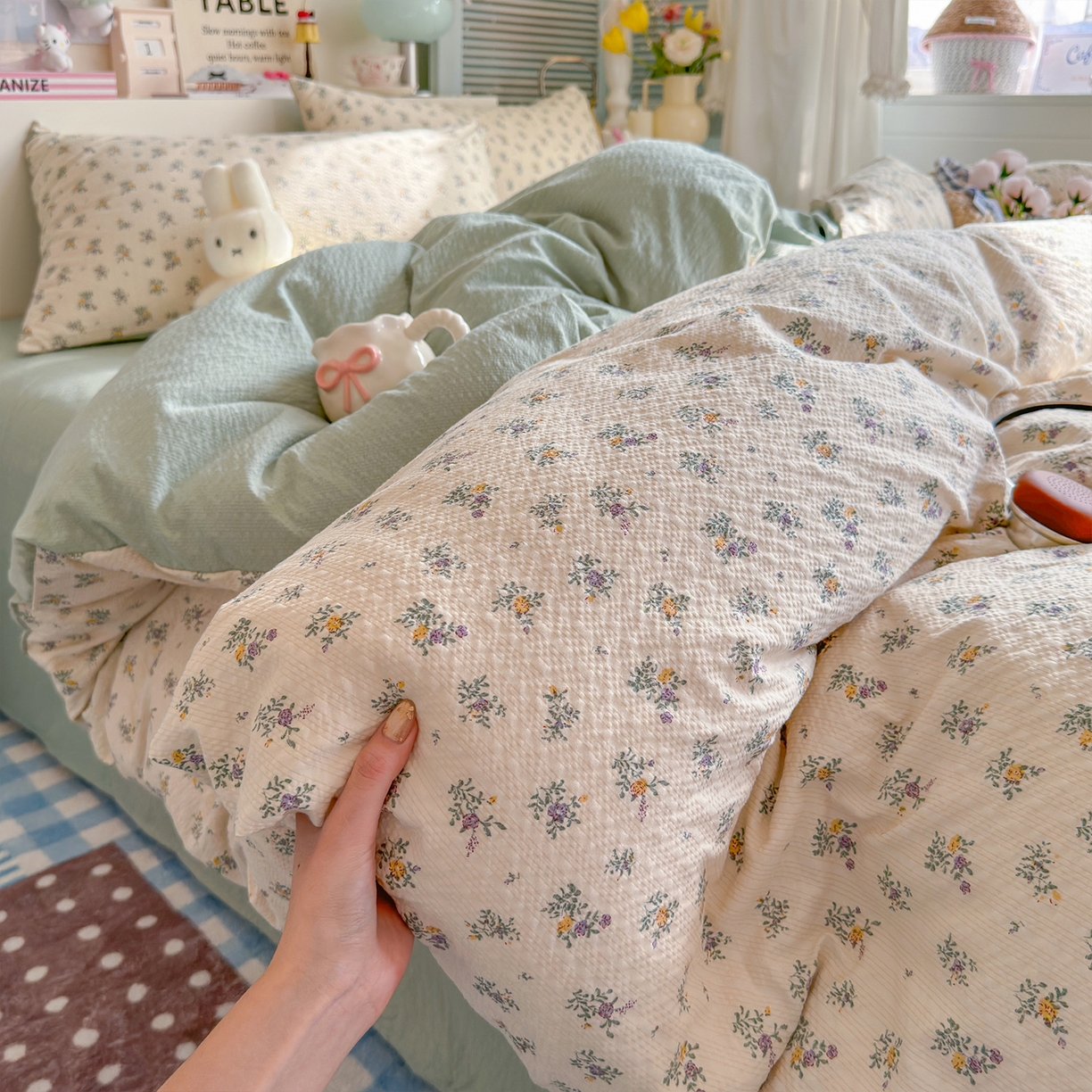 91家纺网 家纺一手货源 找家纺 铺尚美家纺 2026新款小清新110g高品质直播热卖款A类泡芙棉双层纱四件套 七里香