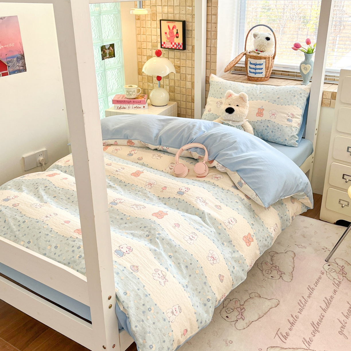 91家纺网 家纺一手货源 找家纺 川悦生活 【提供买家秀】2026新款云感双层纱木棉学生床笠套件 花田乐园