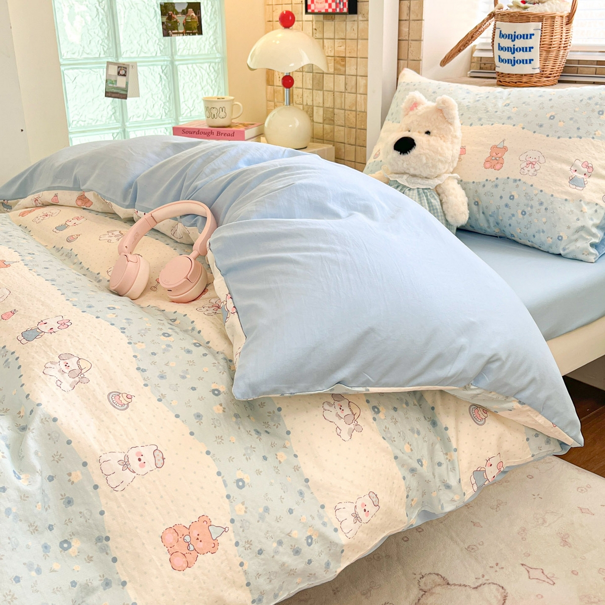 91家纺网 家纺一手货源 找家纺 川悦生活 【提供买家秀】2026新款云感双层纱木棉学生床笠套件 花田乐园