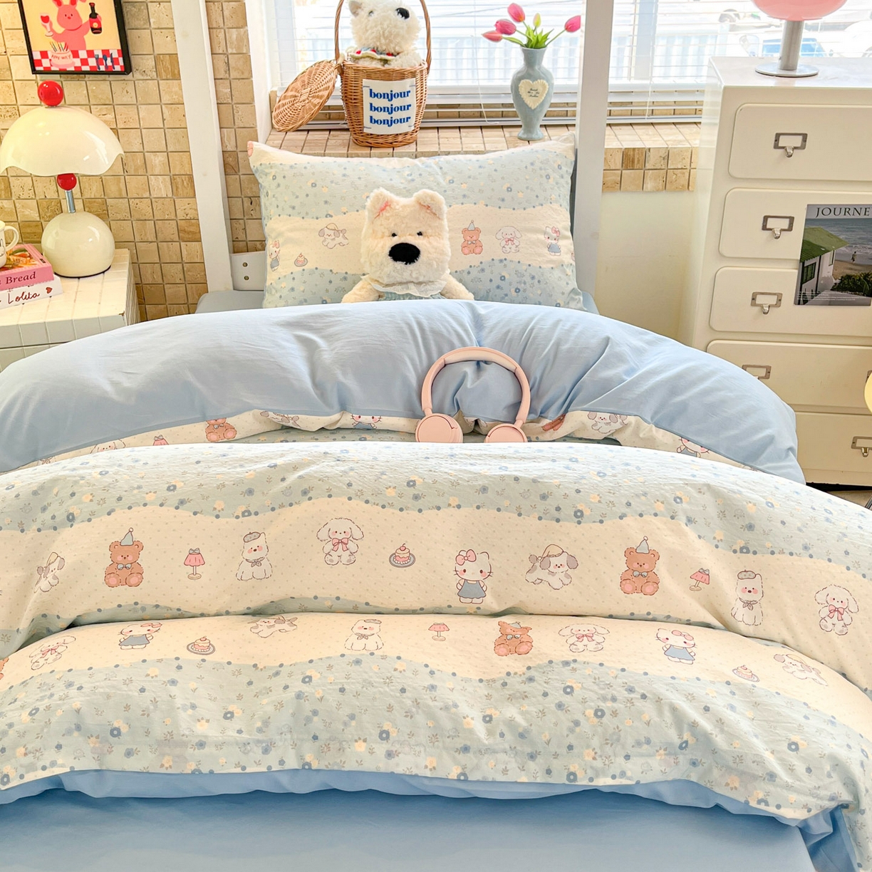 91家纺网 家纺一手货源 找家纺 川悦生活 【提供买家秀】2026新款云感双层纱木棉学生床笠套件 花田乐园