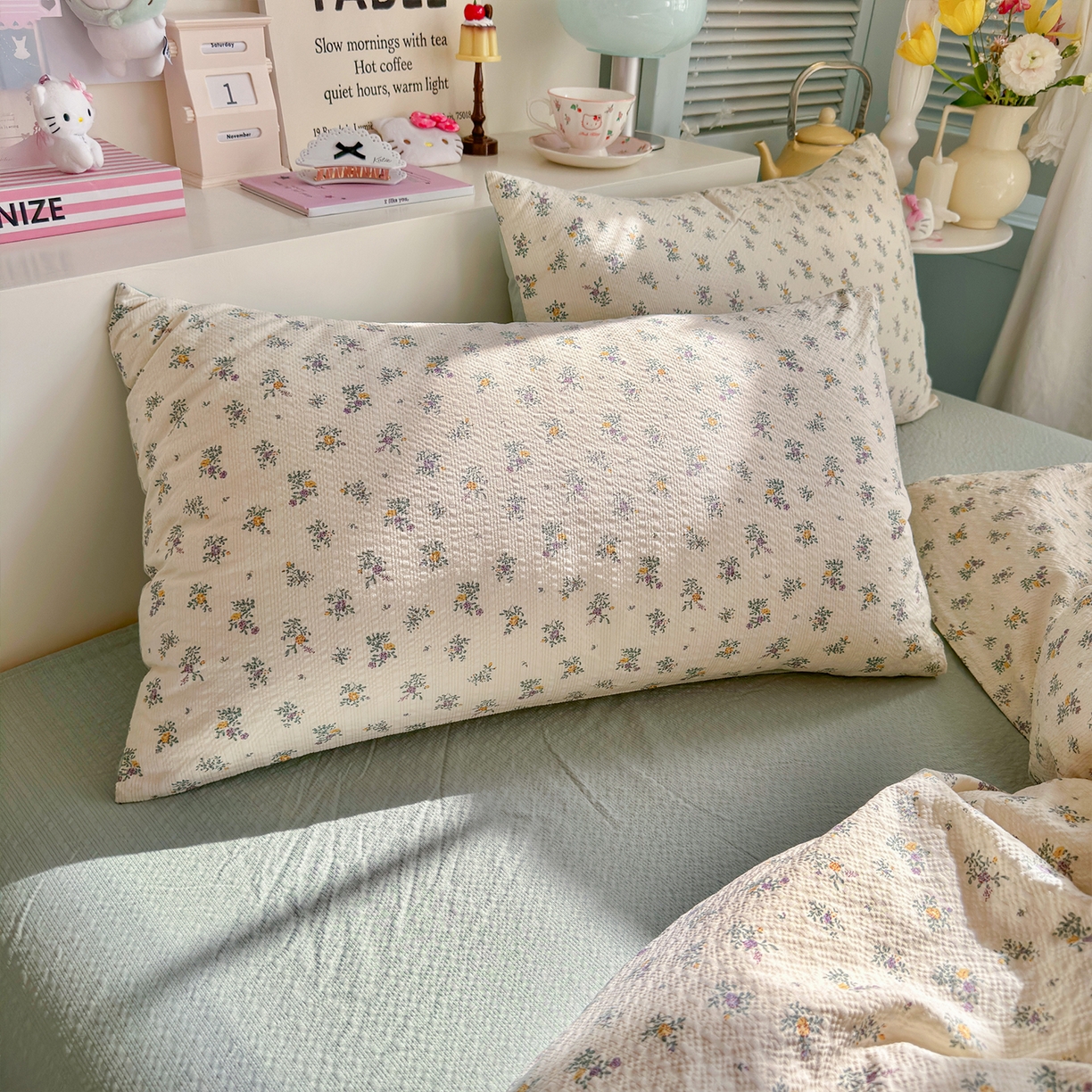 91家纺网 家纺一手货源 找家纺 铺尚美家纺 2026新款小清新110g高品质直播热卖款A类泡芙棉双层纱四件套 七里香