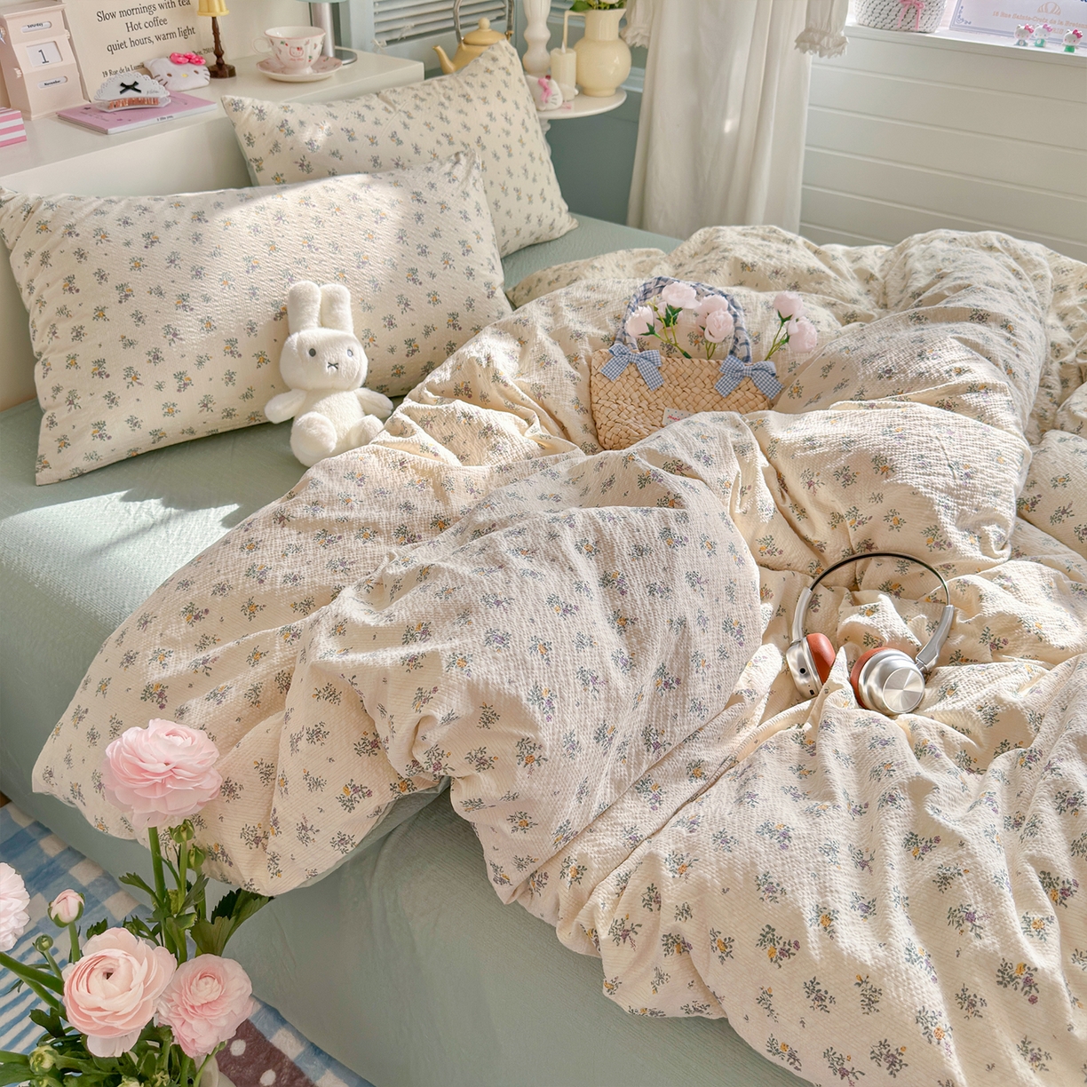 91家纺网 家纺一手货源 找家纺 铺尚美家纺 2026新款小清新110g高品质直播热卖款A类泡芙棉双层纱四件套 七里香