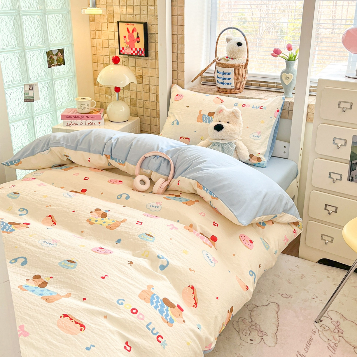 91家纺网 家纺一手货源 找家纺 川悦生活 【提供买家秀】2026新款云感双层纱木棉学生床笠套件 腊肠庄园