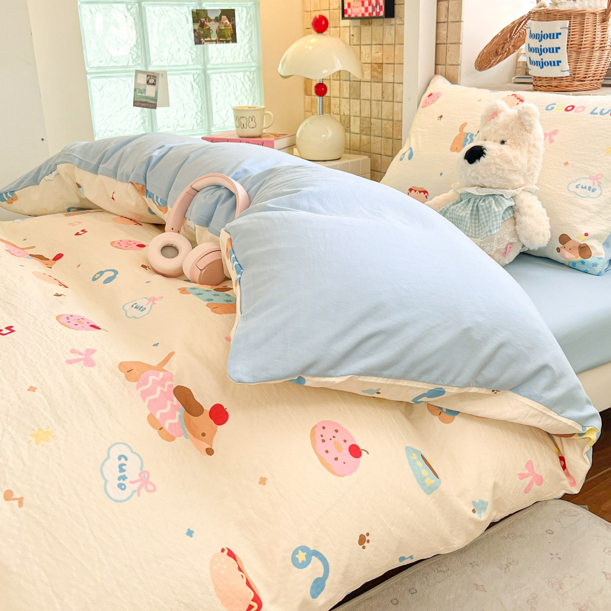 91家纺网 家纺一手货源 找家纺 川悦生活 【提供买家秀】2026新款云感双层纱木棉学生床笠套件 腊肠庄园