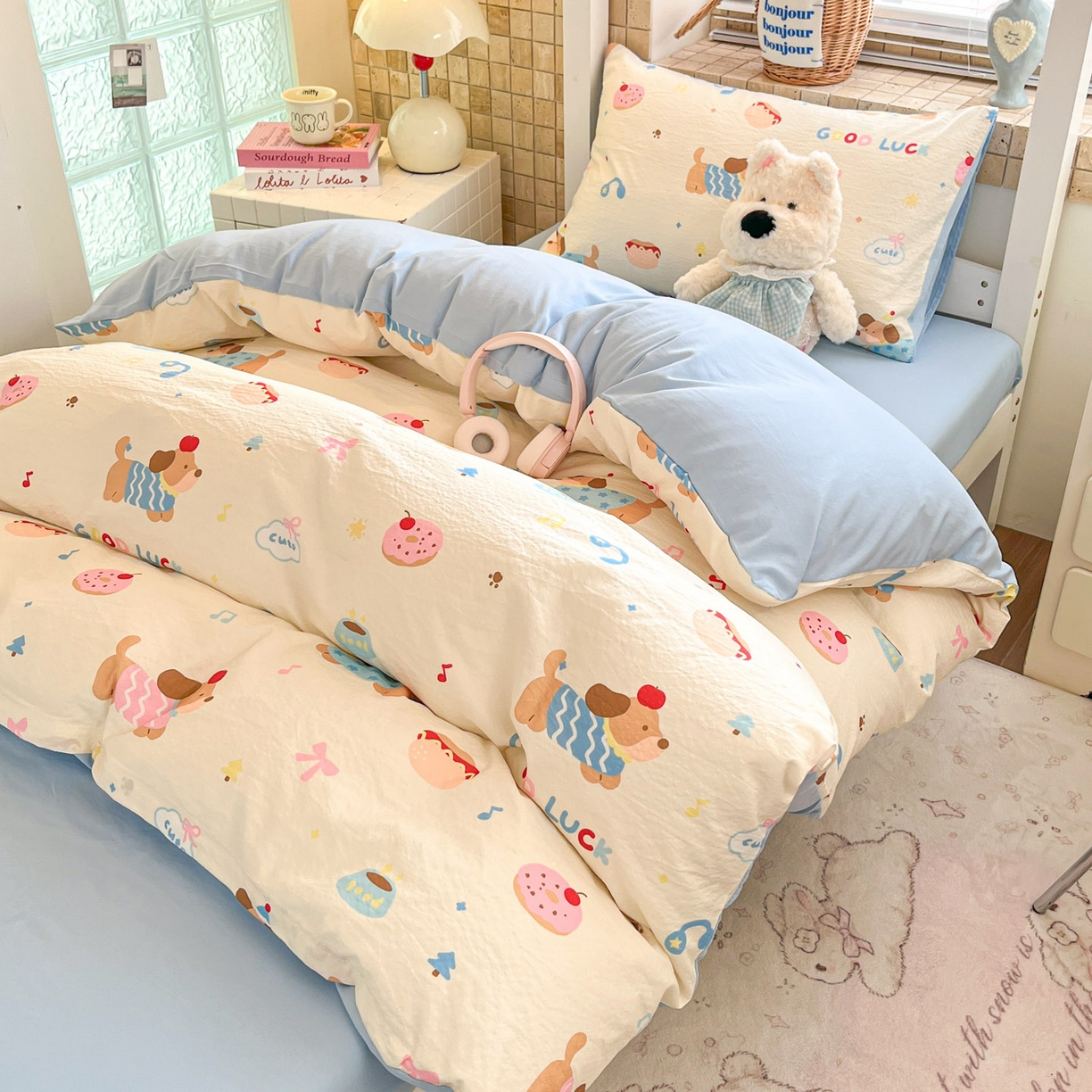 91家纺网 家纺一手货源 找家纺 川悦生活 【提供买家秀】2026新款云感双层纱木棉学生床笠套件 腊肠庄园