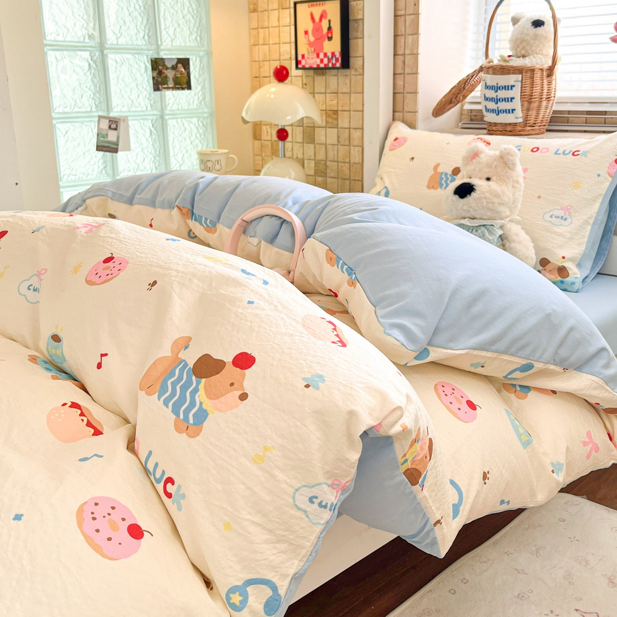 91家纺网 家纺一手货源 找家纺 川悦生活 【提供买家秀】2026新款云感双层纱木棉学生床笠套件 腊肠庄园