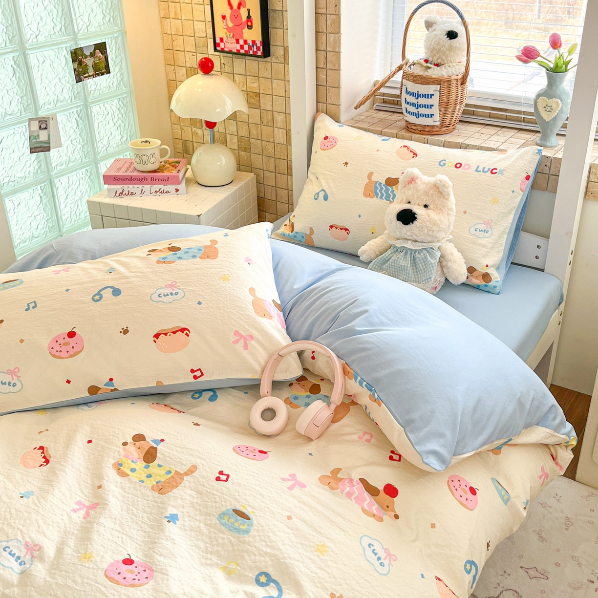 91家纺网 家纺一手货源 找家纺 川悦生活 【提供买家秀】2026新款云感双层纱木棉学生床笠套件 腊肠庄园