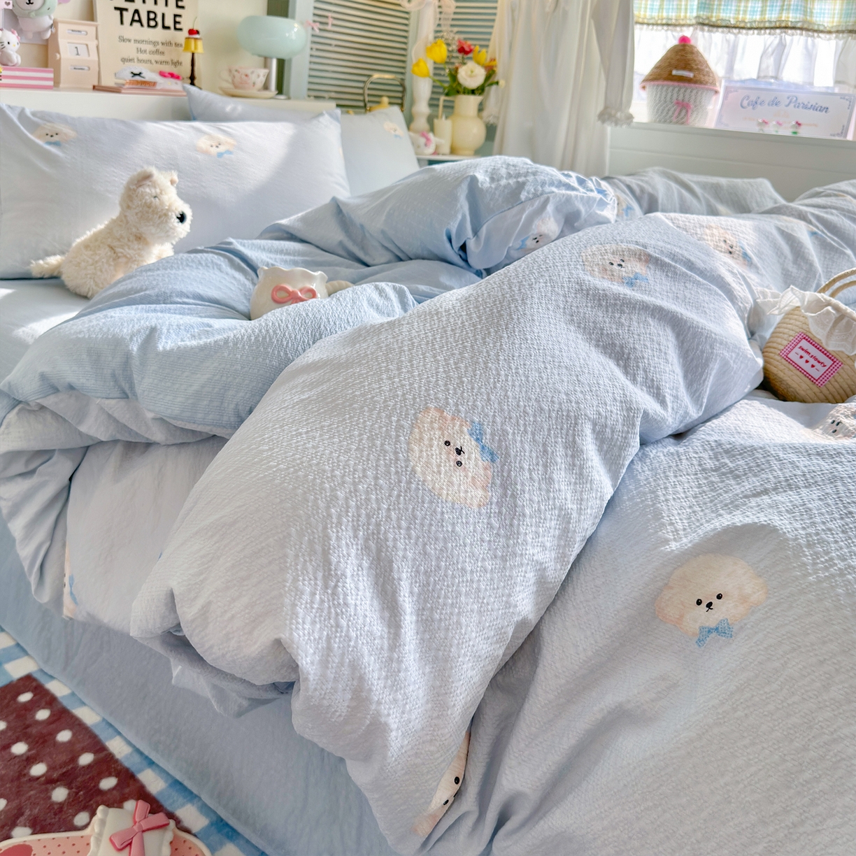 铺尚美家纺 2026新款小清新110g高品质直播热卖款A类泡芙棉双层纱四件套 绒绒狗