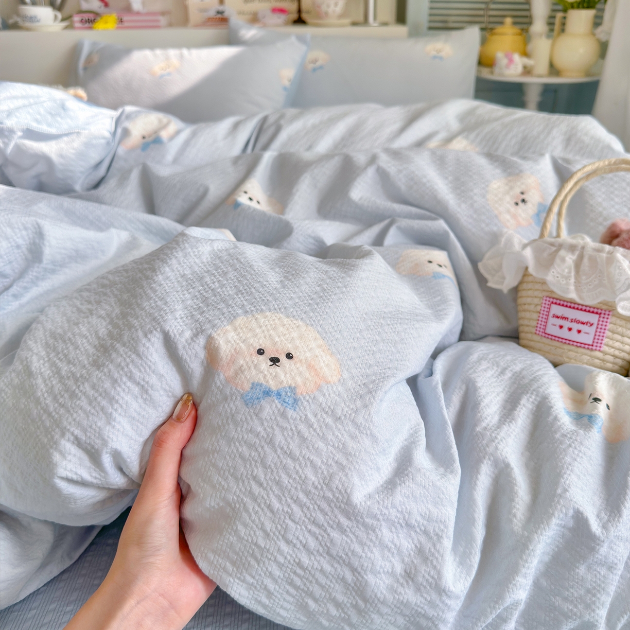 91家纺网 家纺一手货源 找家纺 铺尚美家纺 2026新款小清新110g高品质直播热卖款A类泡芙棉双层纱四件套 绒绒狗