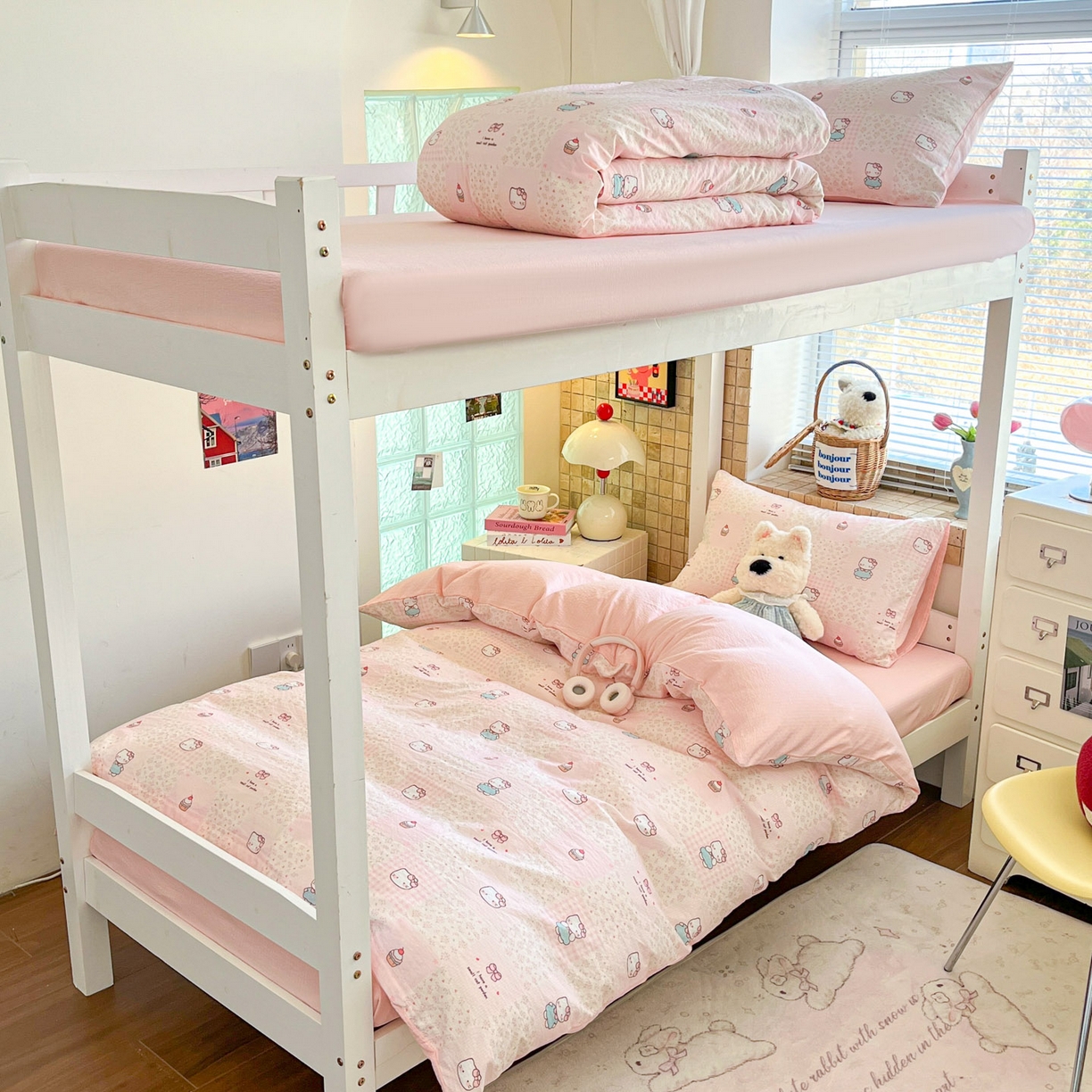 91家纺网 家纺一手货源 找家纺 川悦生活 【提供买家秀】2026新款云感双层纱木棉学生床笠套件 奶油糕糕喵