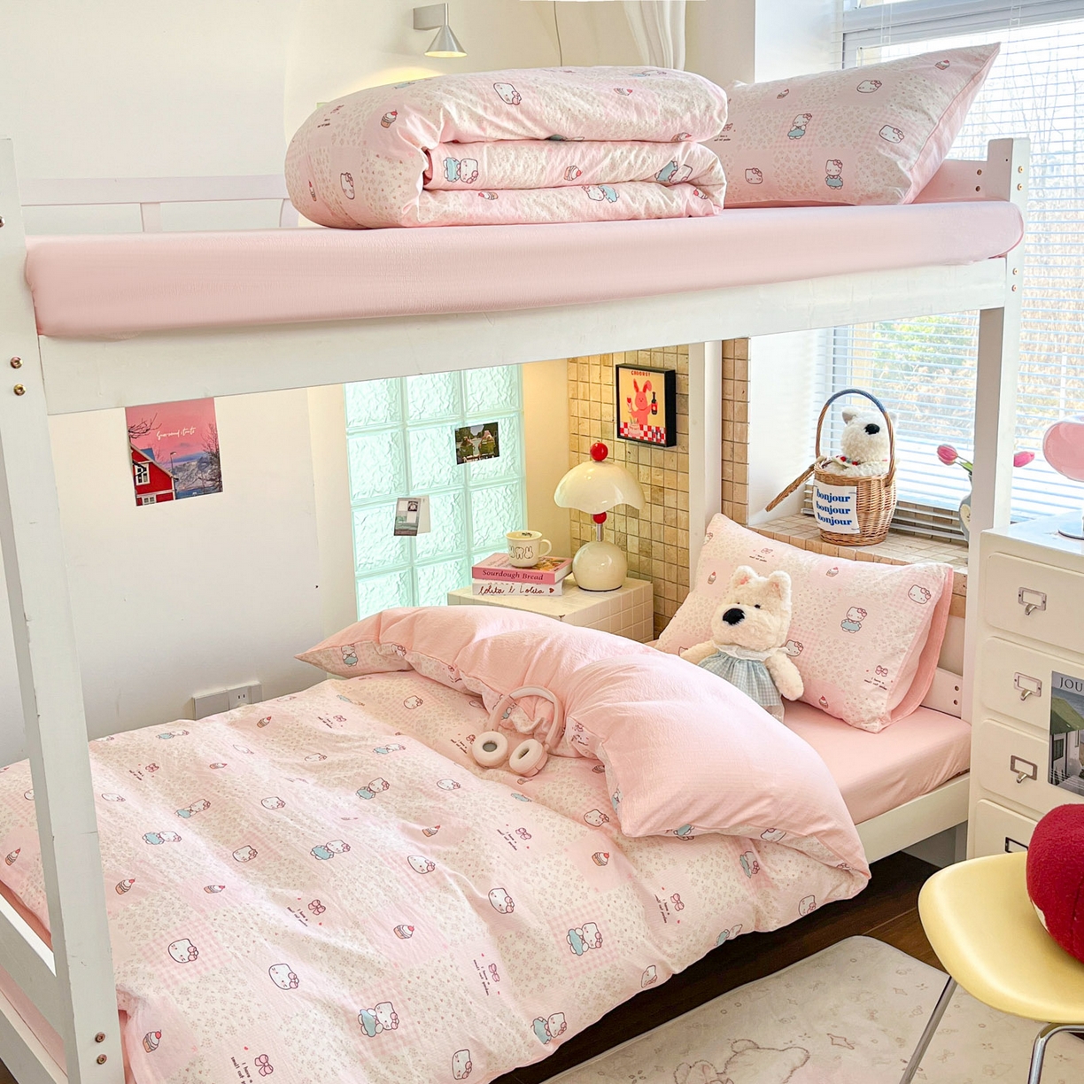 91家纺网 家纺一手货源 找家纺 川悦生活 【提供买家秀】2026新款云感双层纱木棉学生床笠套件 奶油糕糕喵