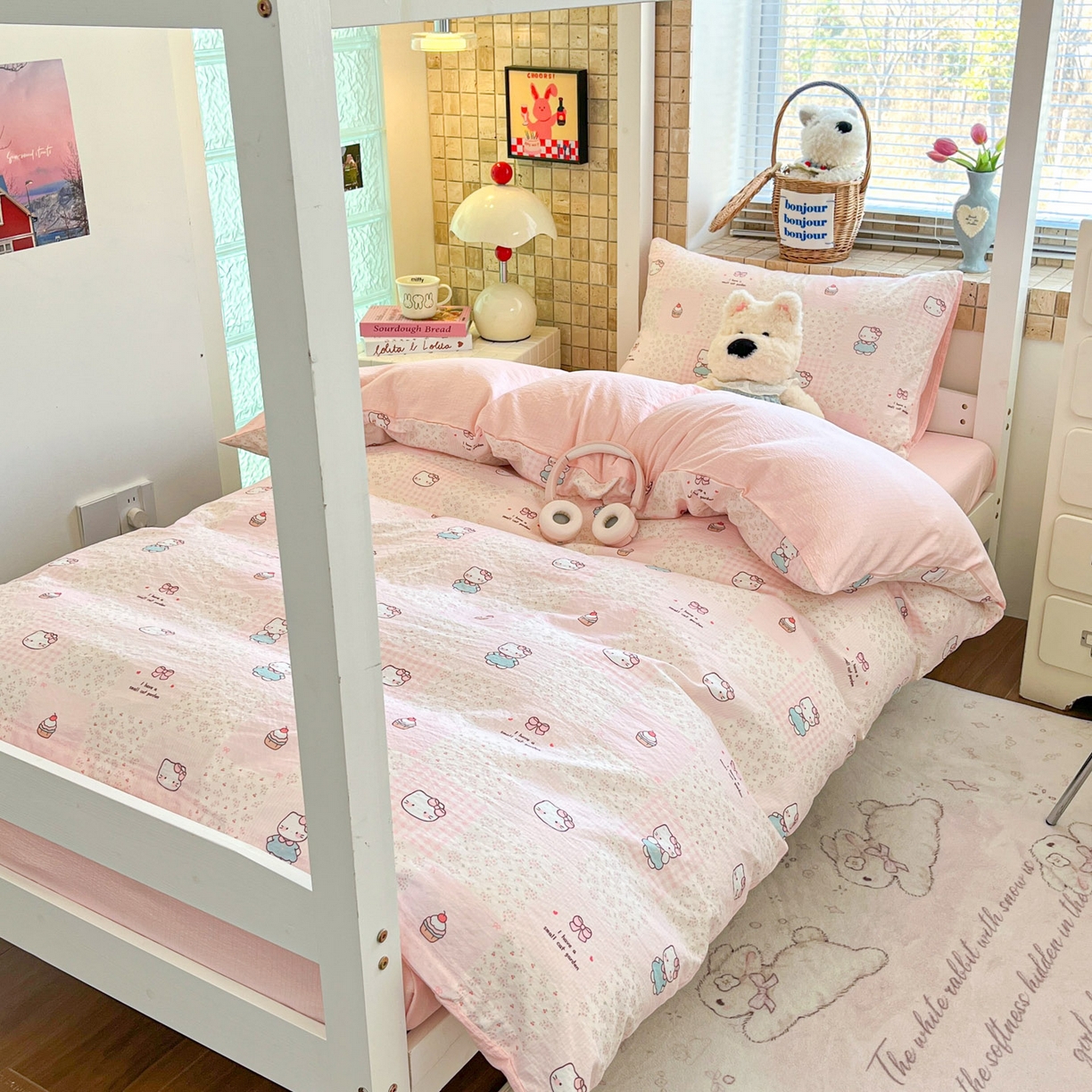 91家纺网 家纺一手货源 找家纺 川悦生活 【提供买家秀】2026新款云感双层纱木棉学生床笠套件 奶油糕糕喵