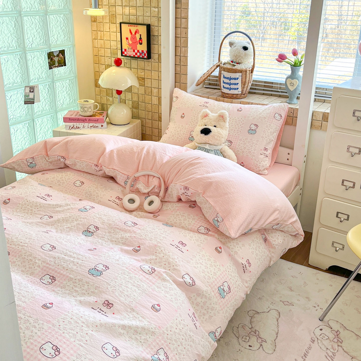 91家纺网 家纺一手货源 找家纺 川悦生活 【提供买家秀】2026新款云感双层纱木棉学生床笠套件 奶油糕糕喵