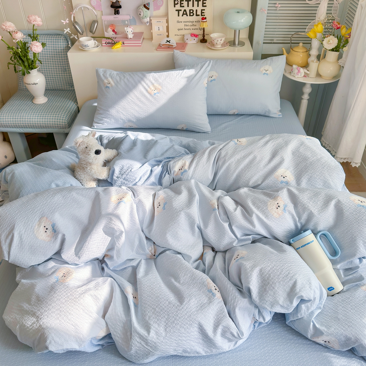 91家纺网 家纺一手货源 找家纺 铺尚美家纺 2026新款小清新110g高品质直播热卖款A类泡芙棉双层纱四件套 绒绒狗