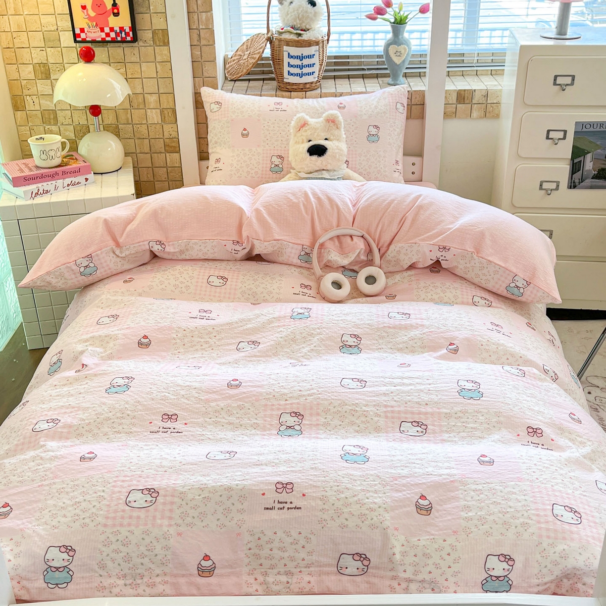 91家纺网 家纺一手货源 找家纺 川悦生活 【提供买家秀】2026新款云感双层纱木棉学生床笠套件 奶油糕糕喵