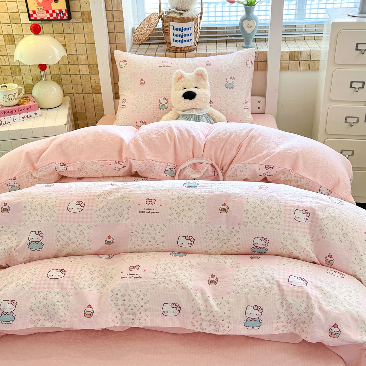 91家纺网 家纺一手货源 找家纺 川悦生活 【提供买家秀】2026新款云感双层纱木棉学生床笠套件 奶油糕糕喵