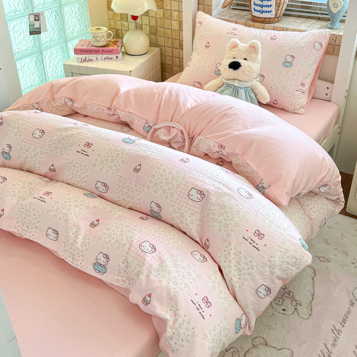 91家纺网 家纺一手货源 找家纺 川悦生活 【提供买家秀】2026新款云感双层纱木棉学生床笠套件 奶油糕糕喵
