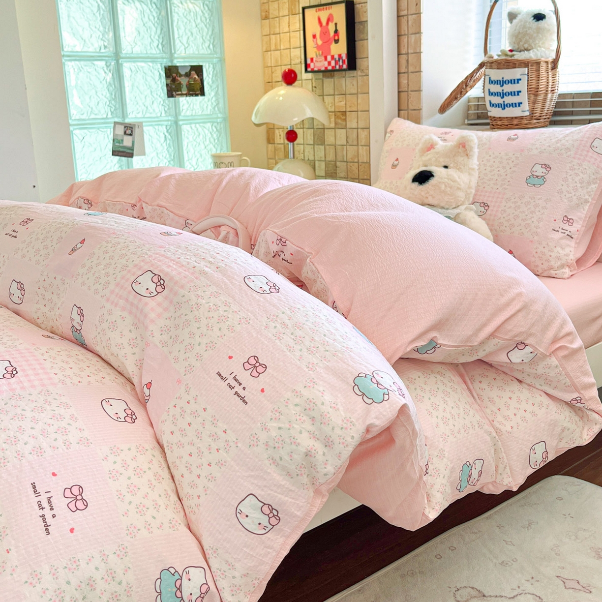 91家纺网 家纺一手货源 找家纺 川悦生活 【提供买家秀】2026新款云感双层纱木棉学生床笠套件 奶油糕糕喵
