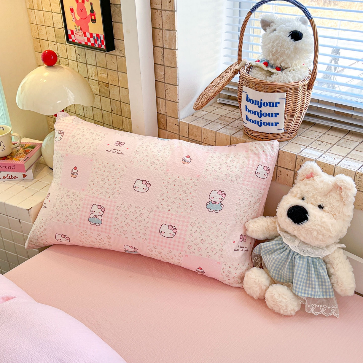 91家纺网 家纺一手货源 找家纺 川悦生活 【提供买家秀】2026新款云感双层纱木棉学生床笠套件 奶油糕糕喵