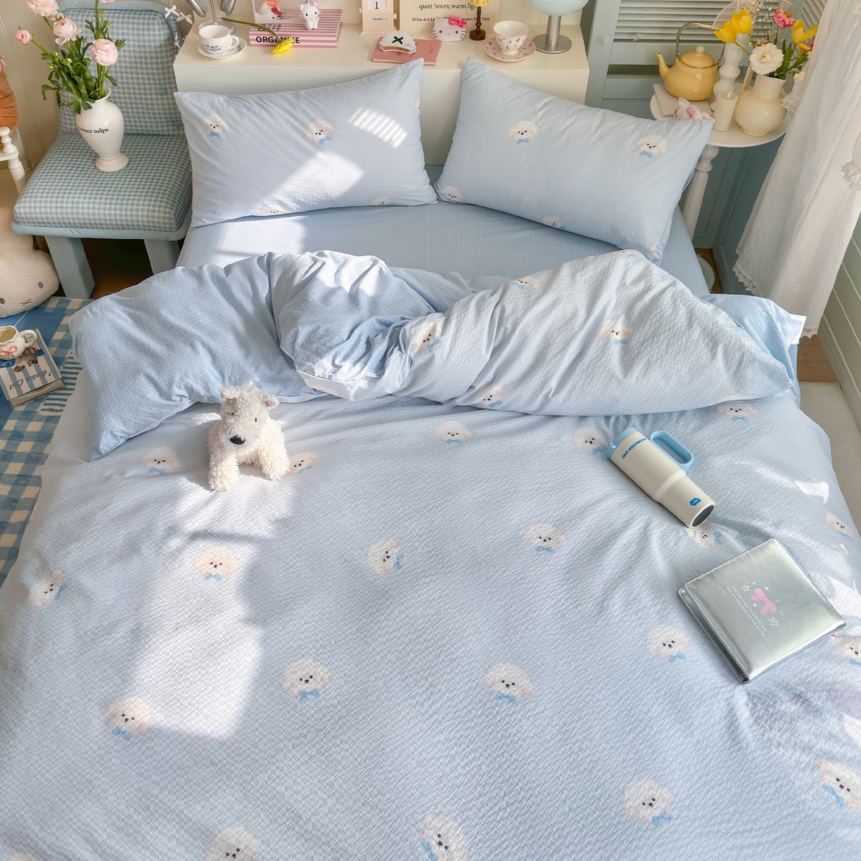 91家纺网 家纺一手货源 找家纺 铺尚美家纺 2026新款小清新110g高品质直播热卖款A类泡芙棉双层纱四件套 绒绒狗