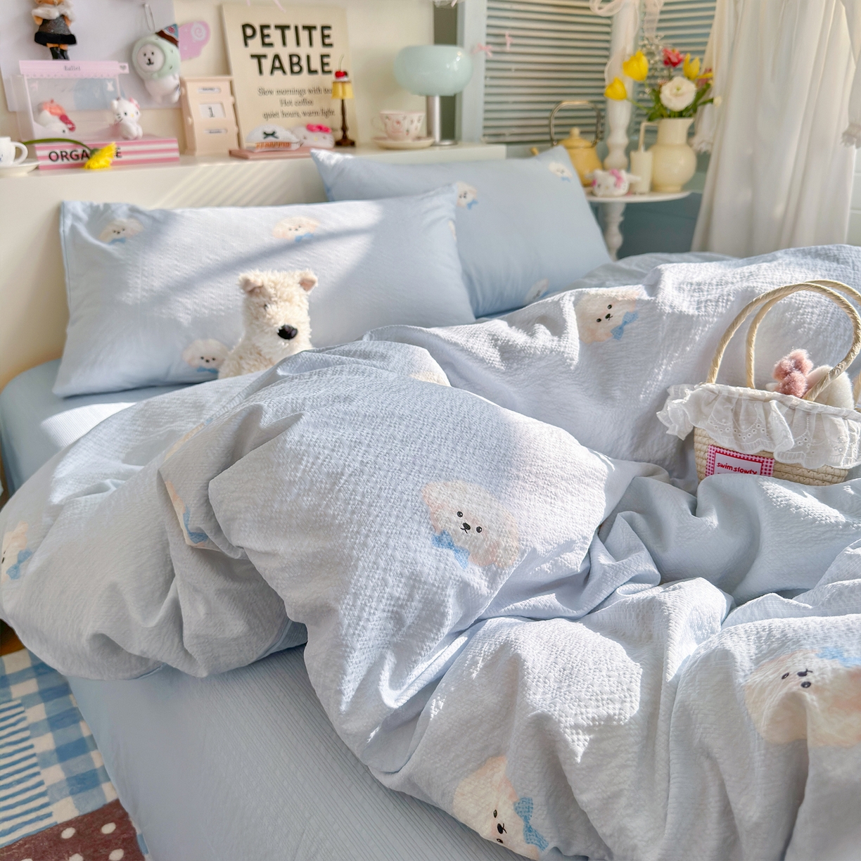 91家纺网 家纺一手货源 找家纺 铺尚美家纺 2026新款小清新110g高品质直播热卖款A类泡芙棉双层纱四件套 绒绒狗