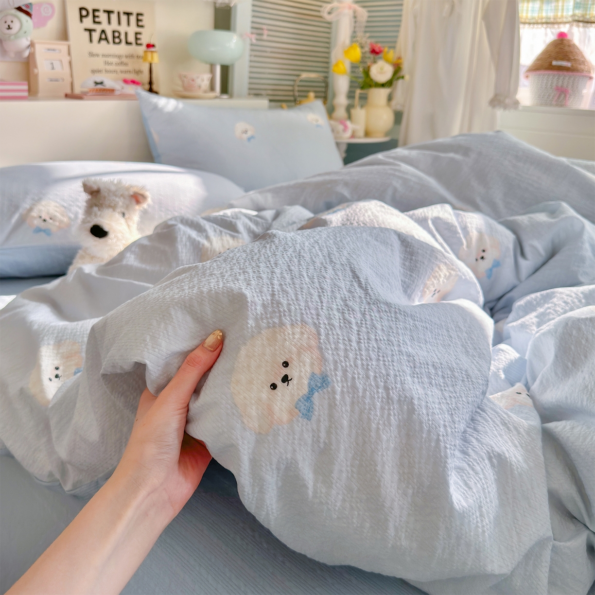 91家纺网 家纺一手货源 找家纺 铺尚美家纺 2026新款小清新110g高品质直播热卖款A类泡芙棉双层纱四件套 绒绒狗