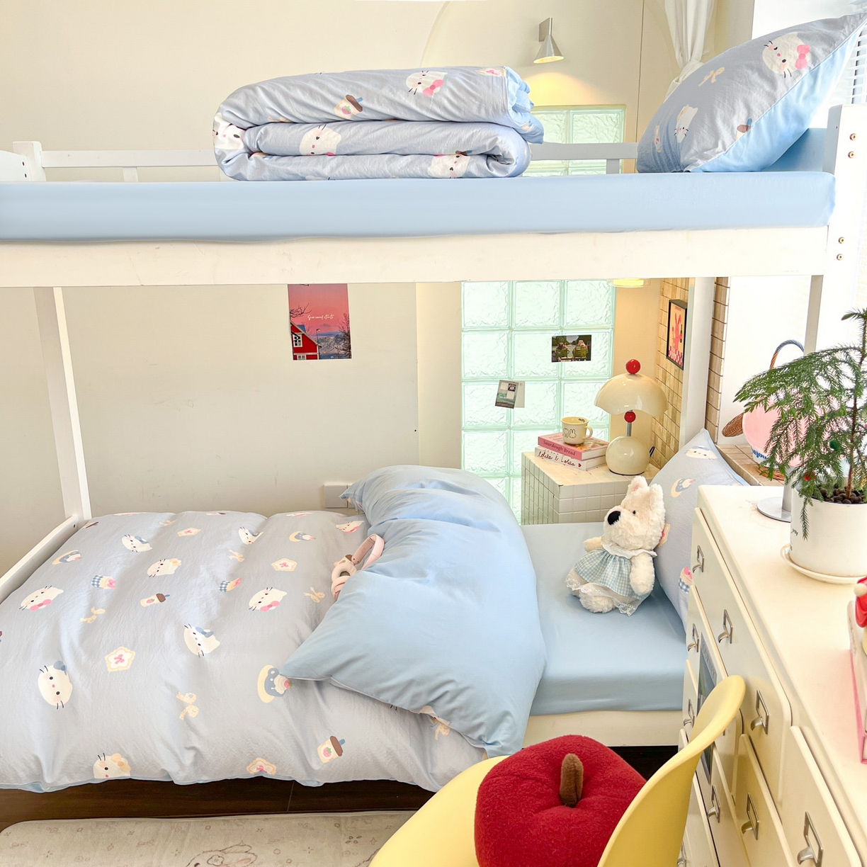 91家纺网 家纺一手货源 找家纺 川悦生活 【提供买家秀】2026新款云感双层纱木棉学生床笠套件 汽水小咪