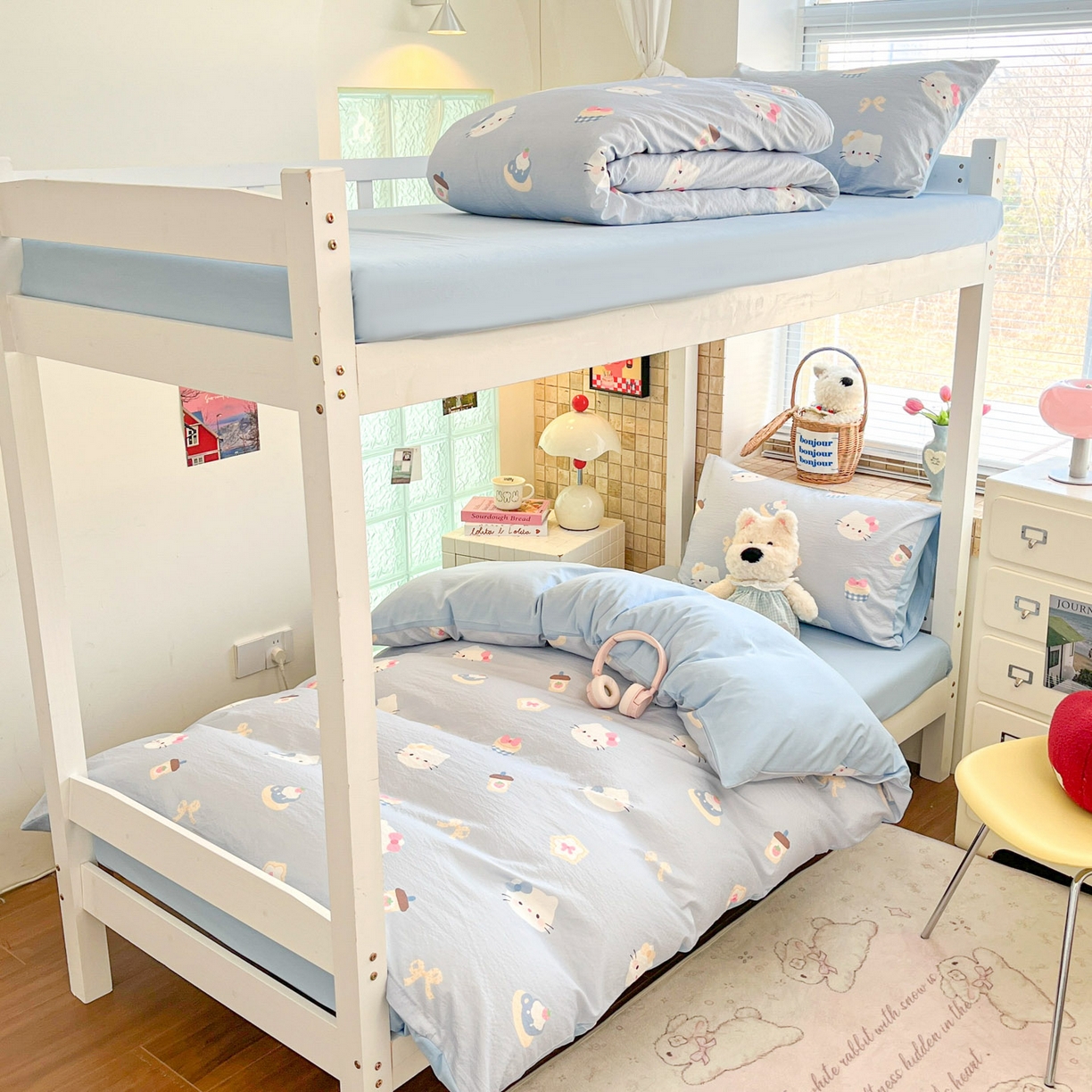 91家纺网 家纺一手货源 找家纺 川悦生活 【提供买家秀】2026新款云感双层纱木棉学生床笠套件 汽水小咪