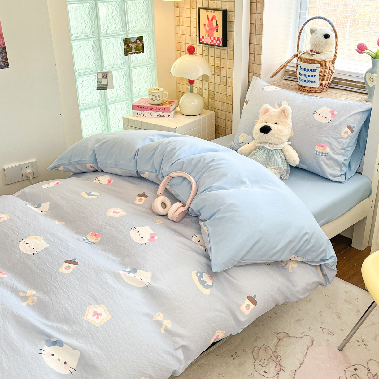 91家纺网 家纺一手货源 找家纺 川悦生活 【提供买家秀】2026新款云感双层纱木棉学生床笠套件 汽水小咪