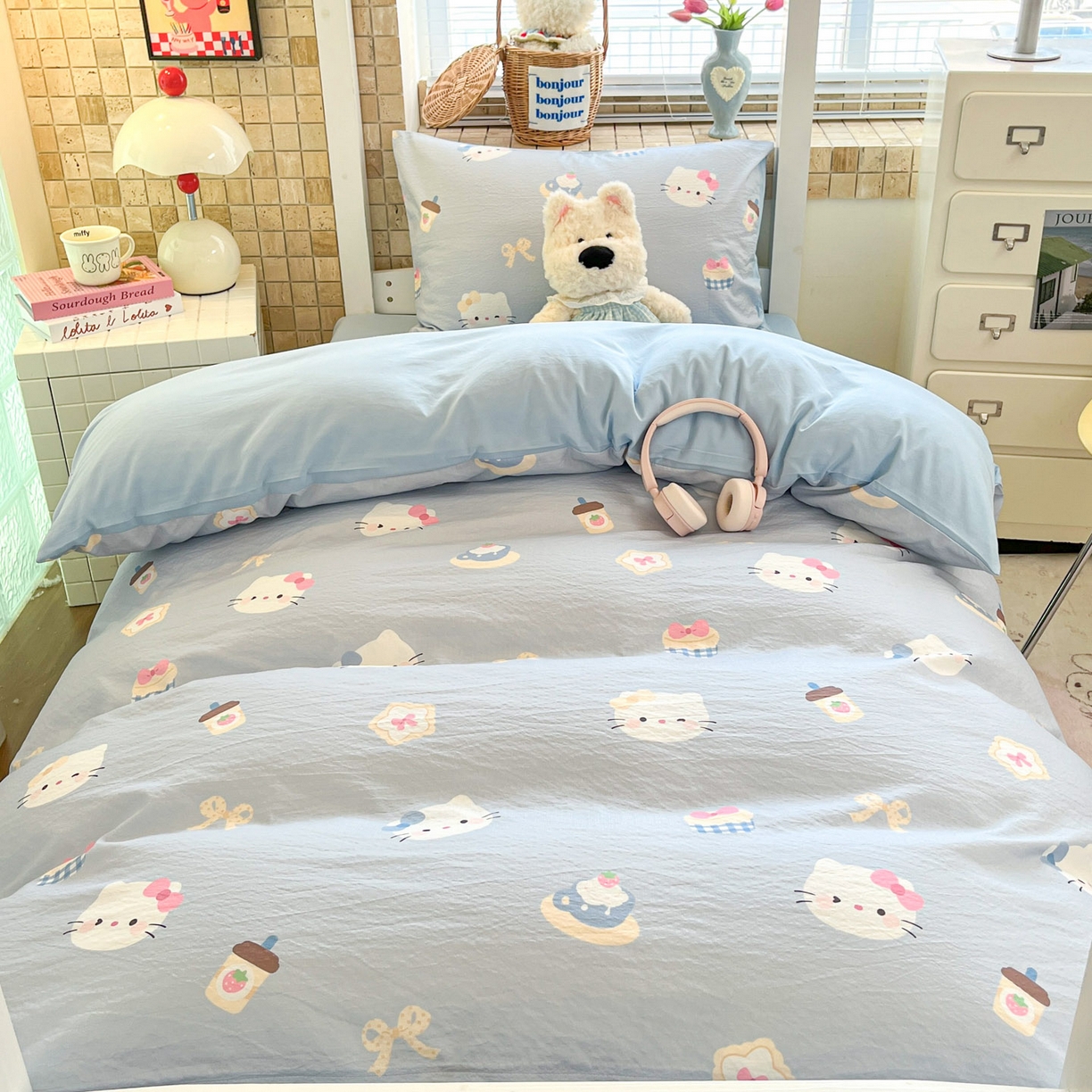 91家纺网 家纺一手货源 找家纺 川悦生活 【提供买家秀】2026新款云感双层纱木棉学生床笠套件 汽水小咪