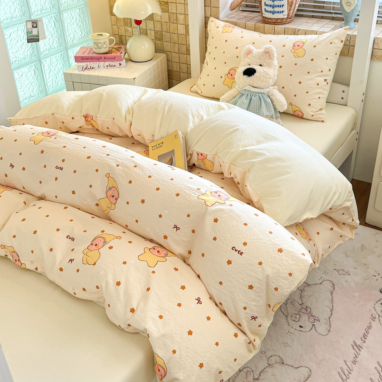 91家纺网 家纺一手货源 找家纺 川悦生活 【提供买家秀】2026新款云感双层纱木棉学生床笠套件 恰星星