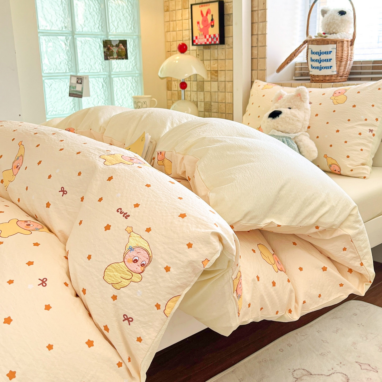 91家纺网 家纺一手货源 找家纺 川悦生活 【提供买家秀】2026新款云感双层纱木棉学生床笠套件 恰星星