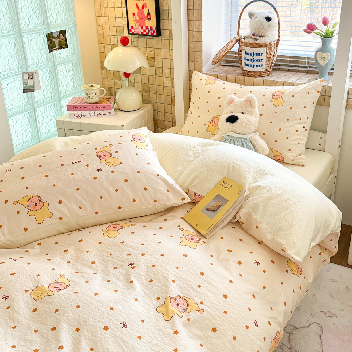 91家纺网 家纺一手货源 找家纺 川悦生活 【提供买家秀】2026新款云感双层纱木棉学生床笠套件 恰星星