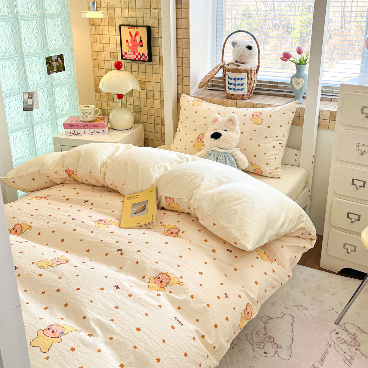 91家纺网 家纺一手货源 找家纺 川悦生活 【提供买家秀】2026新款云感双层纱木棉学生床笠套件 恰星星