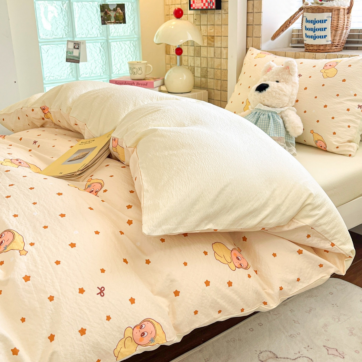 91家纺网 家纺一手货源 找家纺 川悦生活 【提供买家秀】2026新款云感双层纱木棉学生床笠套件 恰星星