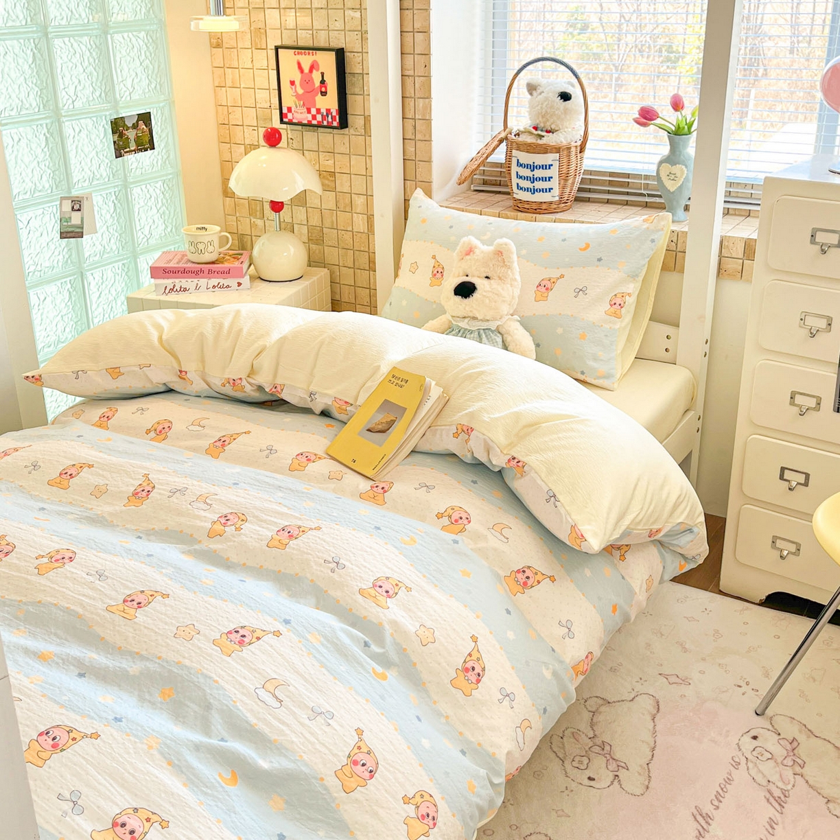 91家纺网 家纺一手货源 找家纺 川悦生活 【提供买家秀】2026新款云感双层纱木棉学生床笠套件 数星星