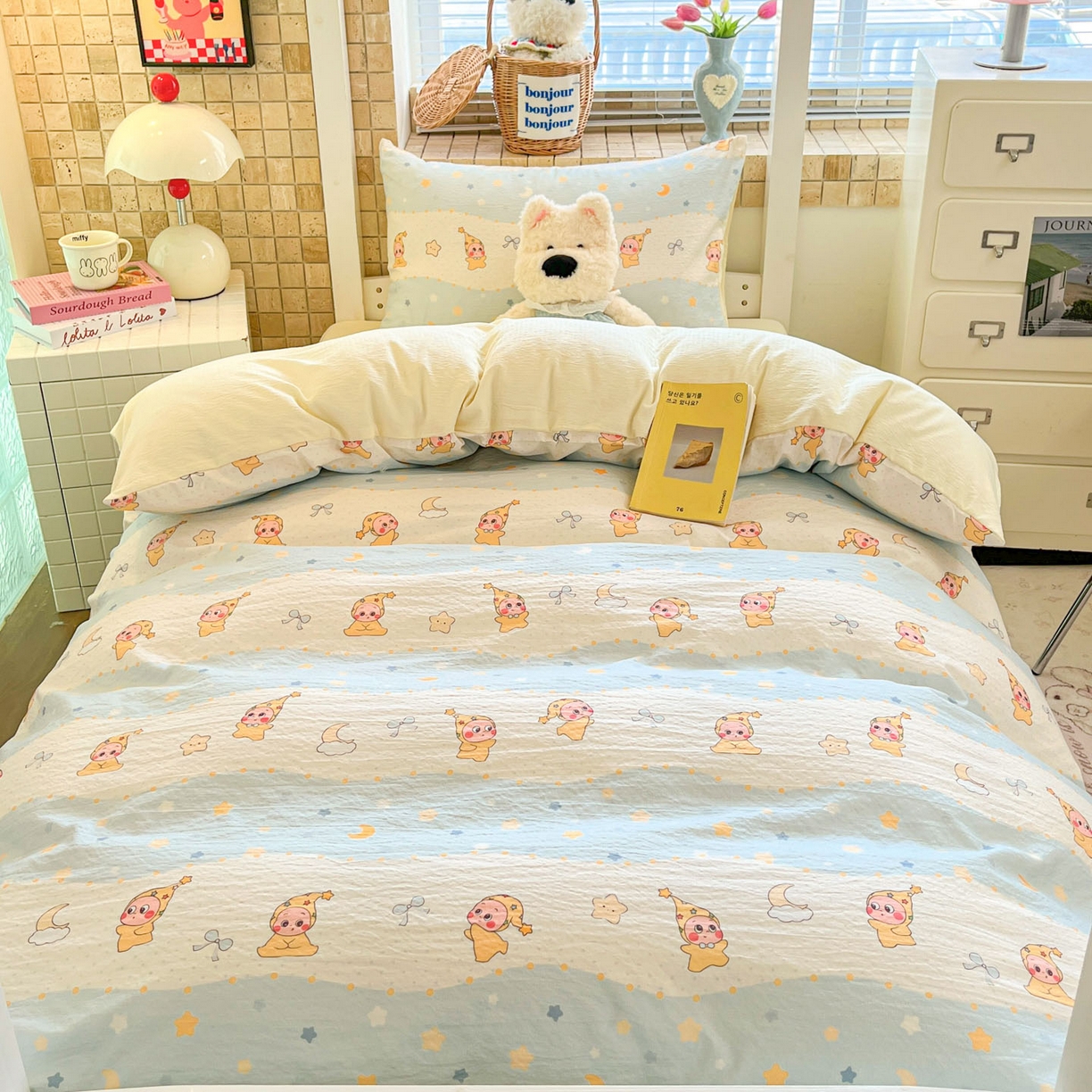 91家纺网 家纺一手货源 找家纺 川悦生活 【提供买家秀】2026新款云感双层纱木棉学生床笠套件 数星星