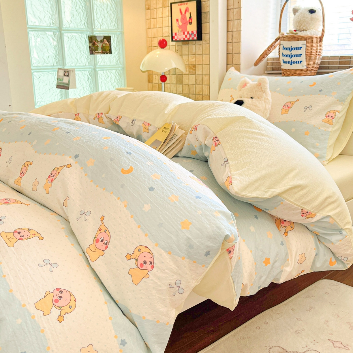 91家纺网 家纺一手货源 找家纺 川悦生活 【提供买家秀】2026新款云感双层纱木棉学生床笠套件 数星星