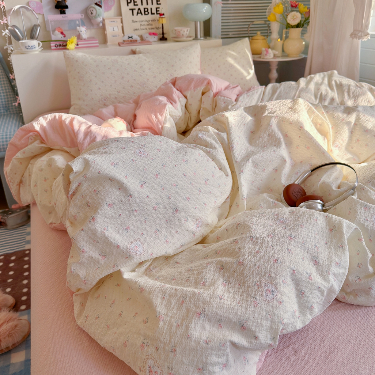 91家纺网 家纺一手货源 找家纺 铺尚美家纺 2026新款小清新110g高品质直播热卖款A类泡芙棉双层纱四件套 甜昔