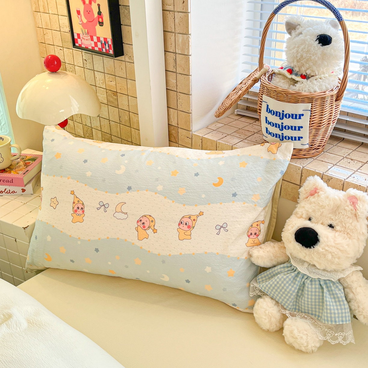 91家纺网 家纺一手货源 找家纺 川悦生活 【提供买家秀】2026新款云感双层纱木棉学生床笠套件 数星星