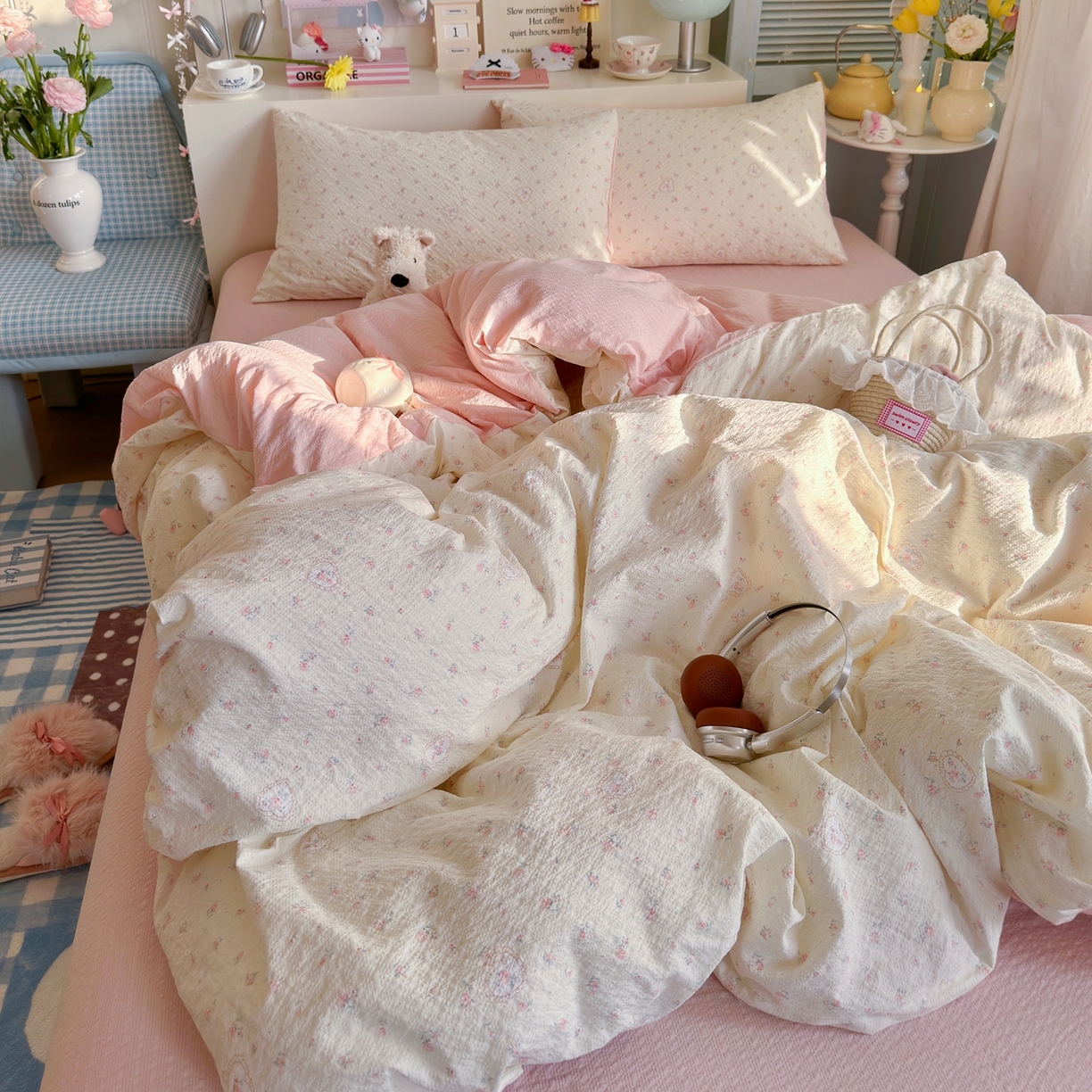 91家纺网 家纺一手货源 找家纺 铺尚美家纺 2026新款小清新110g高品质直播热卖款A类泡芙棉双层纱四件套 甜昔