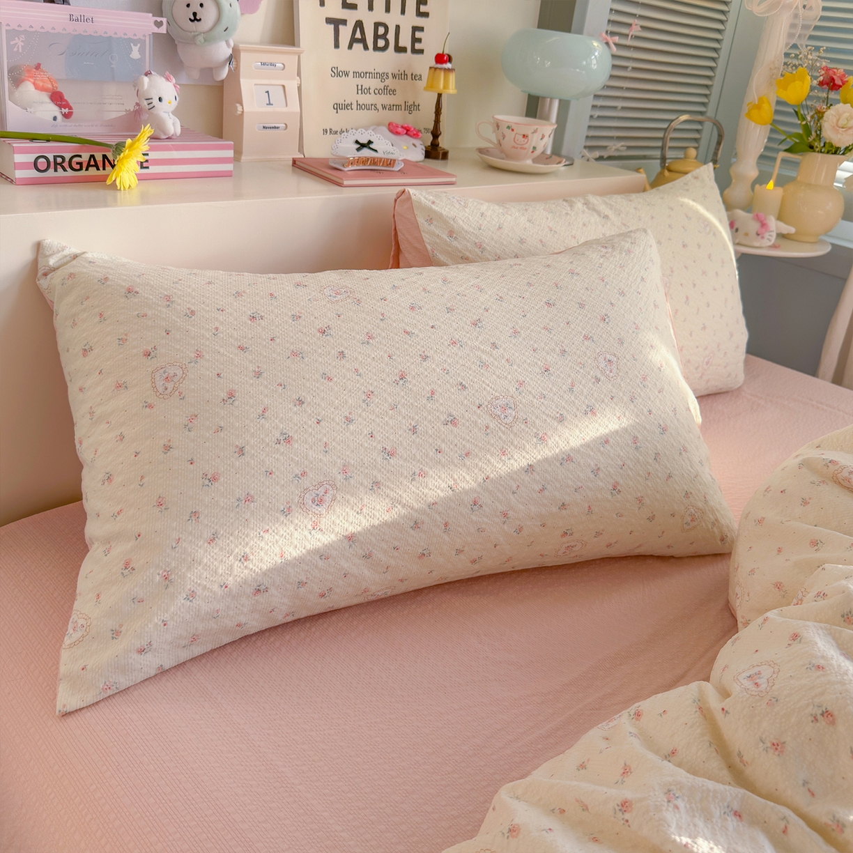 91家纺网 家纺一手货源 找家纺 铺尚美家纺 2026新款小清新110g高品质直播热卖款A类泡芙棉双层纱四件套 甜昔