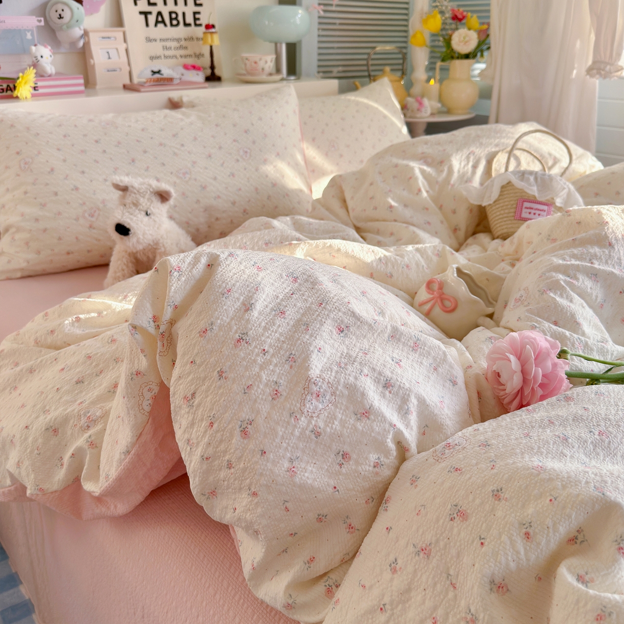 91家纺网 家纺一手货源 找家纺 铺尚美家纺 2026新款小清新110g高品质直播热卖款A类泡芙棉双层纱四件套 甜昔